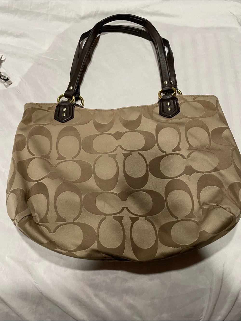 Coach Beige Khaki Signature Canvas Tote with Dark Brown Trim - Picture 2 of 3